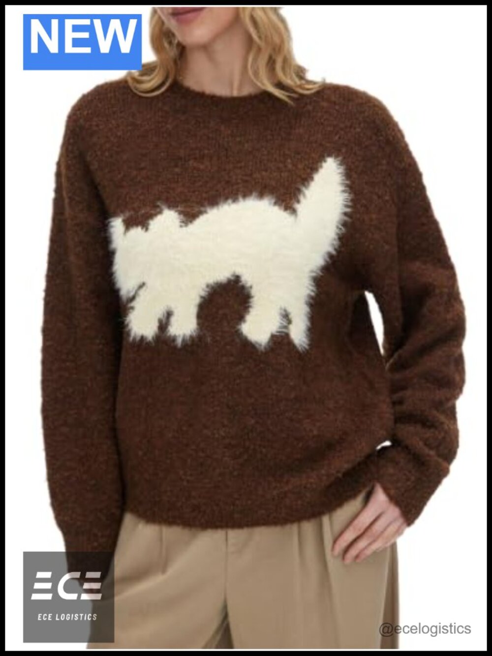 Cozy Oversized Fuzzy Cat Graphic Crewneck Pullover Sweater